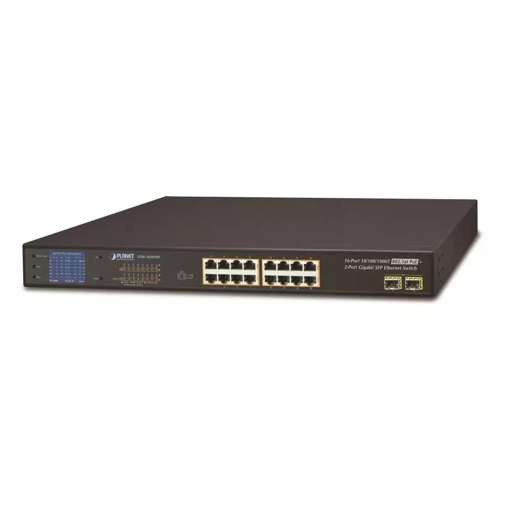 Obrázek produktu Planet GSW-1820VHP PoE switch, 16x1Gb + 2xSFP 1Gb, LCD, VLAN, extend mód 10Mb-250m, 802.3at 30/300W