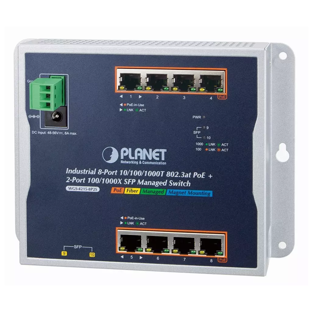 Obrázek produktu Planet WGS-4215-8P2S plochý L2/L4 switch, 8x1Gb, 2x1Gb SFP, 8x PoE 802.3at 200W, 48-56VDC, -40~75°C, IP30, fanless