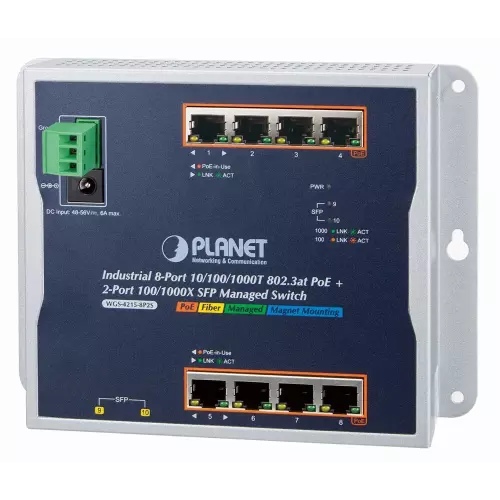 obrázek produktu Planet WGS-4215-8P2S plochý L2/L4 switch, 8x1Gb, 2x1Gb SFP, 8x PoE 802.3at 200W, 48-56VDC, -40~75°C, IP30, fanless