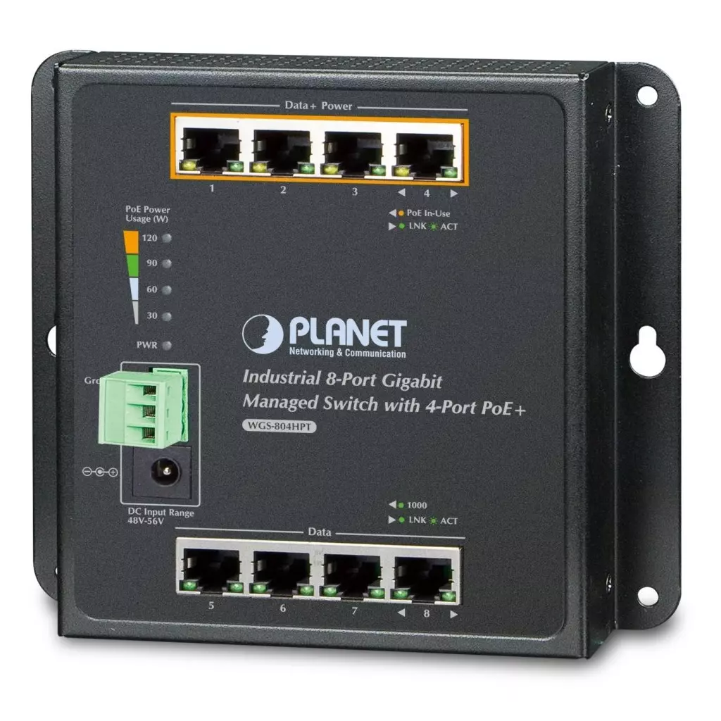 Obrázek produktu Planet WGS-804HPT plochý L2 switch, 8x1Gb, 4x PoE 802.3at 144W, 48-54VDC, -40~75°C, IP30, fanless