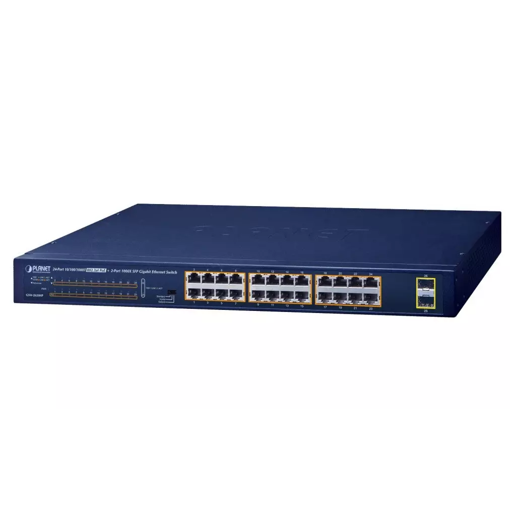 Obrázek produktu Planet GSW-2620HP PoE switch, 24x1Gb + 2x SFP 1Gb, VLAN, extend mód 10Mb-250m, 802.3at, 802.3az, 240W PoE Budget