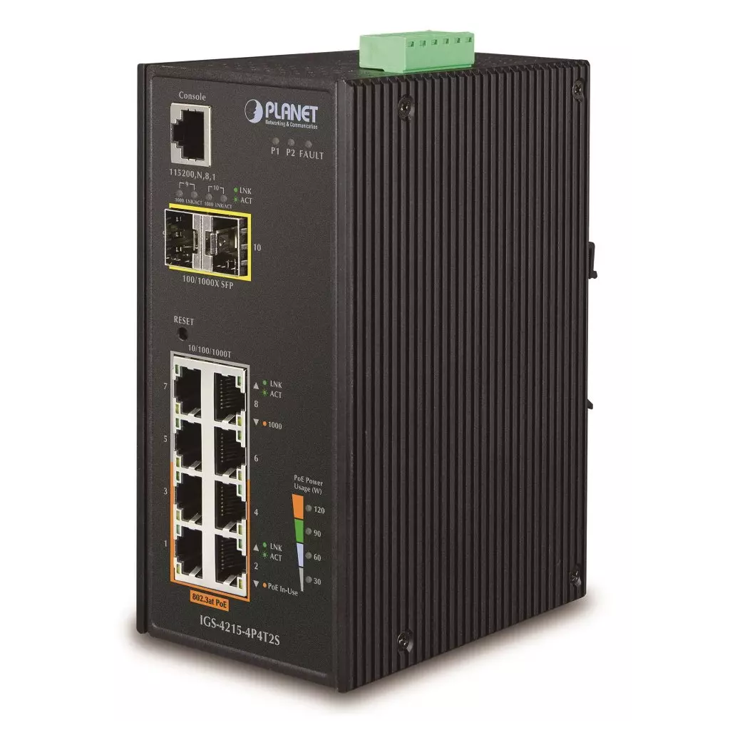 Obrázek produktu Planet IGS-4215-4P4T2S průmyslový L2 switch, 4x1Gb, 2x1Gb SFP, 4x PoE 802.3at 140W, 48-54VDC, -40~75°C, IP30