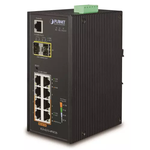 obrázek produktu Planet IGS-4215-4P4T2S průmyslový L2 switch, 4x1Gb, 2x1Gb SFP, 4x PoE 802.3at 140W, 48-54VDC, -40~75°C, IP30