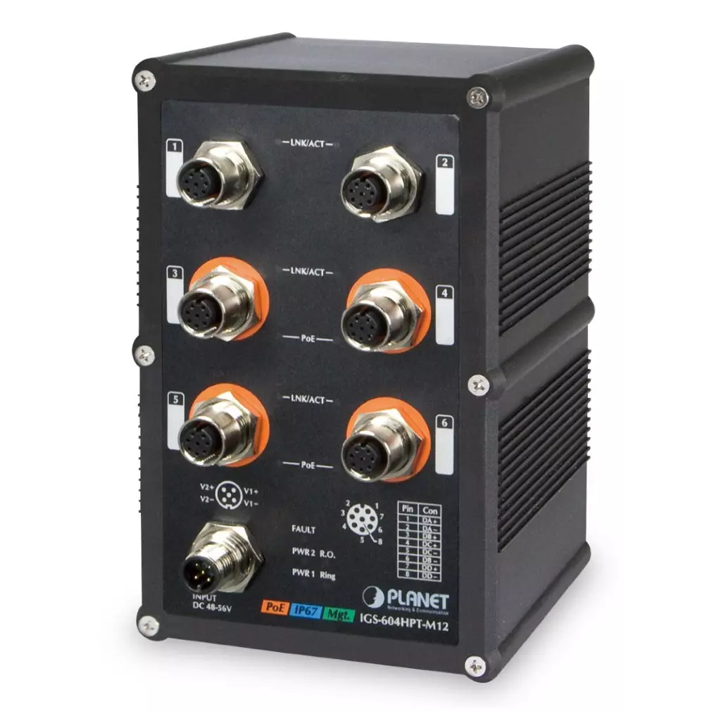 Obrázek produktu Planet IGS-604HPT-M12 vodotěsný průmyslový switch, 6xGE M12, 4x PoE 802.3at 140W, 48-56VDC, -40~75°C, IP67, EN50155