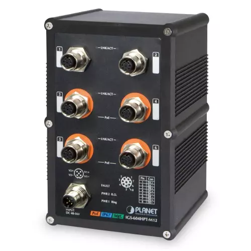 obrázek produktu Planet IGS-604HPT-M12 vodotěsný průmyslový switch, 6xGE M12, 4x PoE 802.3at 140W, 48-56VDC, -40~75°C, IP67, EN50155