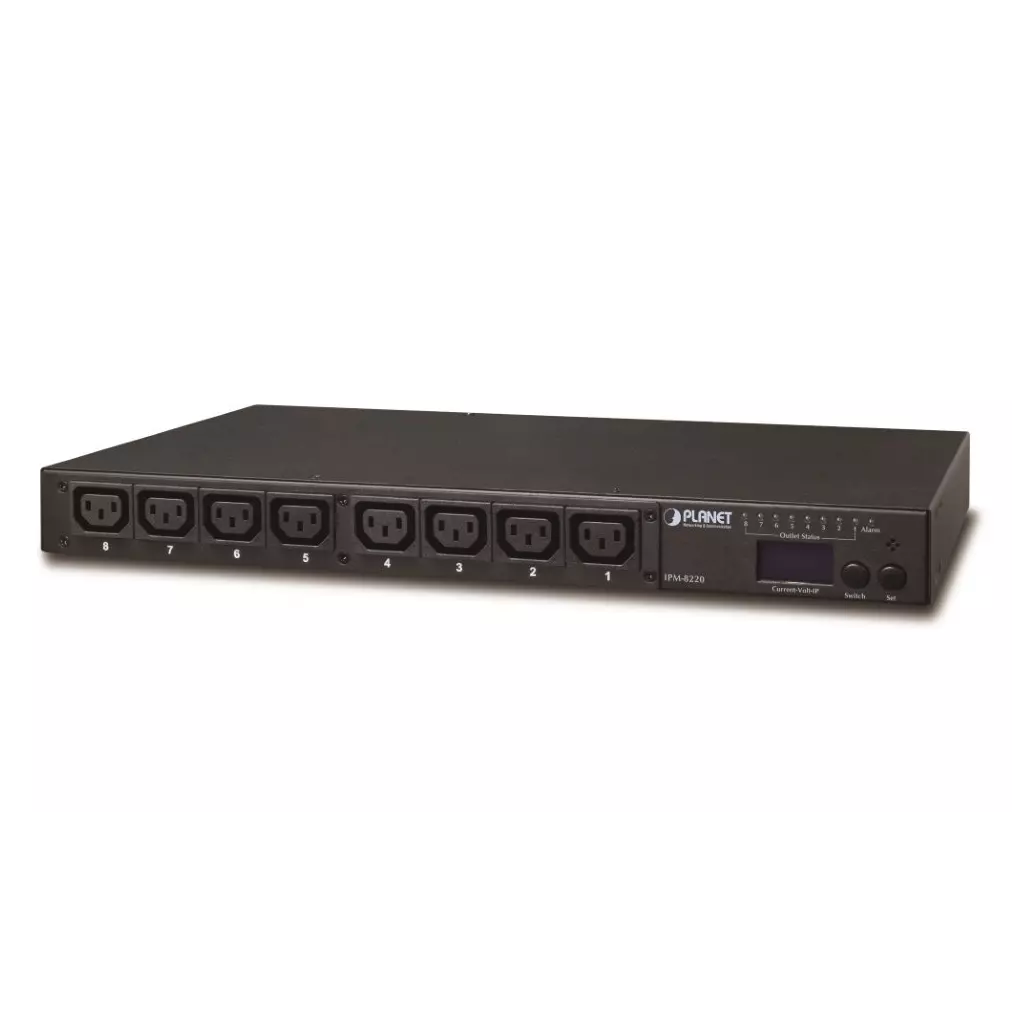 Obrázek produktu Planet IPM-8220, IP ovládání 8x zásuvek 230V/10A, LED+displej, wattmetry, možnost senzoru, rackmount 19/1U