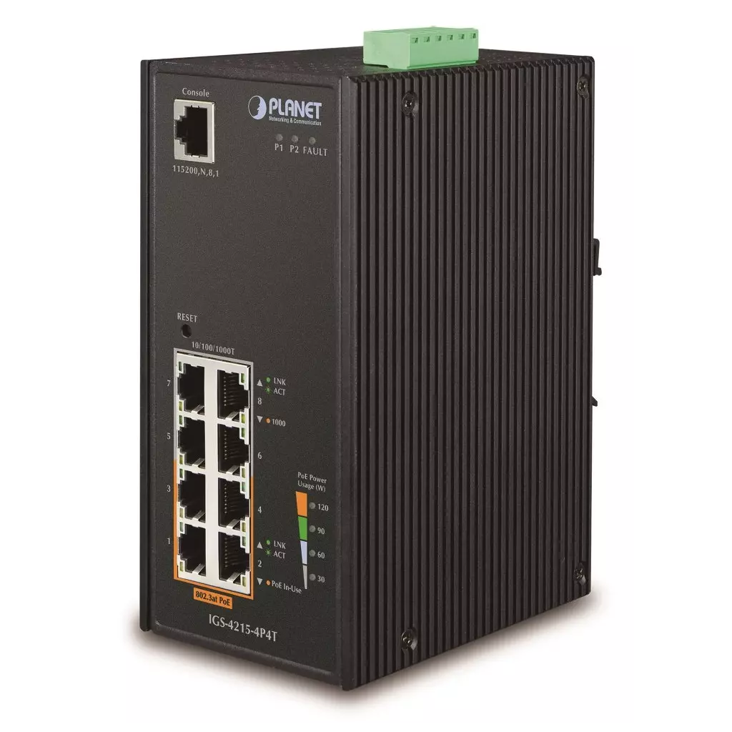 Obrázek produktu Planet IGS-4215-4P4T průmyslový L2 switch, 8x1Gb, 4x PoE 802.3af 140W, 48-54VDC, -40~75°C, IP30