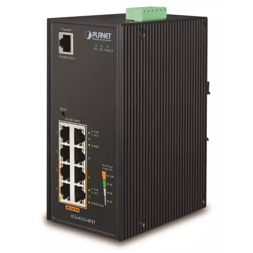 obrázek produktu Planet IGS-4215-4P4T průmyslový L2 switch, 8x1Gb, 4x PoE 802.3af 140W, 48-54VDC, -40~75°C, IP30