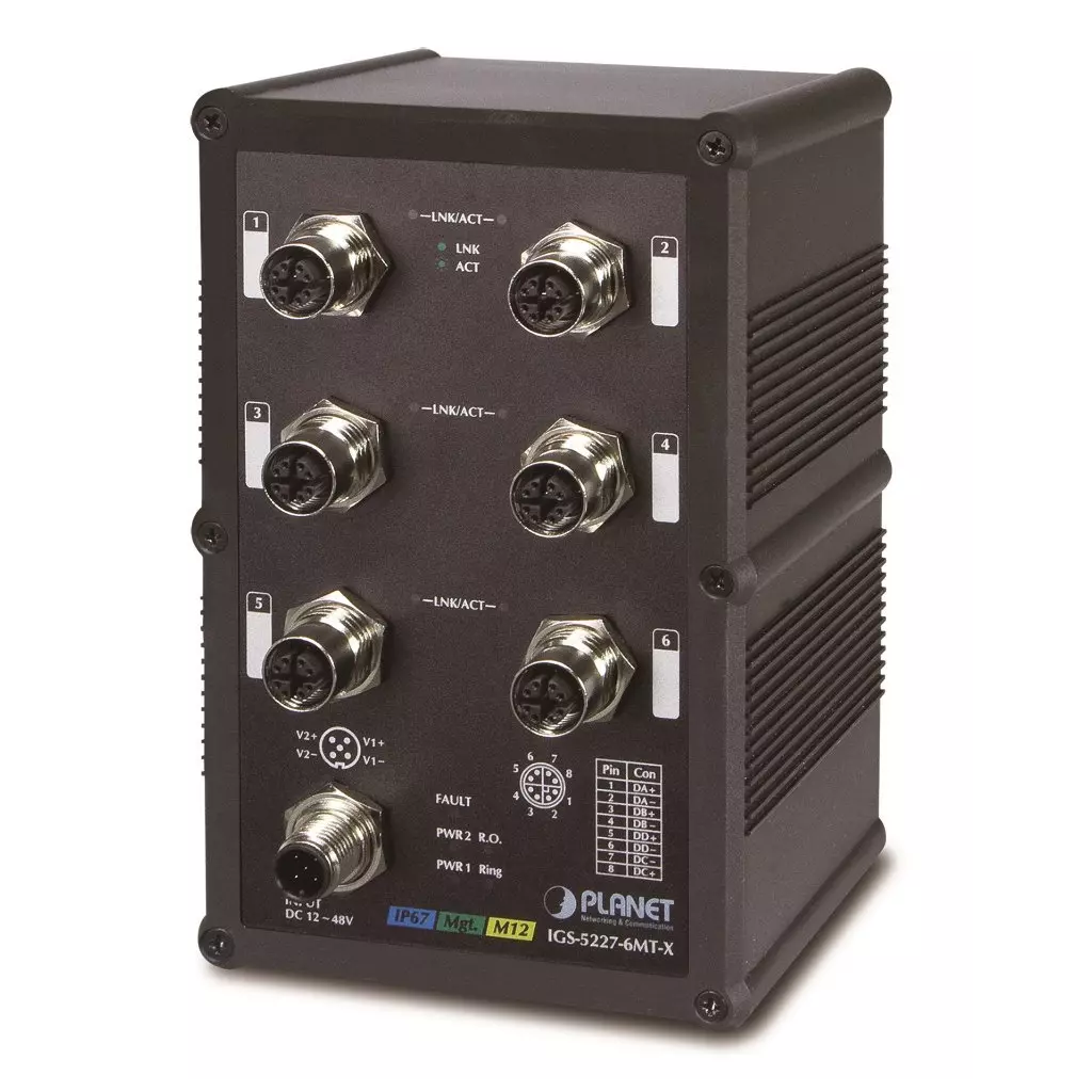Obrázek produktu Planet IGS-5227-6MT-X vodotěsný průmyslový L3 switch, 6x1Gb M12, 9-48VDC, -40~75°C, IP67, EN50155