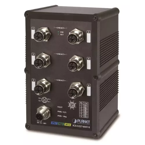 obrázek produktu Planet IGS-5227-6MT-X vodotěsný průmyslový L3 switch, 6x1Gb M12, 9-48VDC, -40~75°C, IP67, EN50155