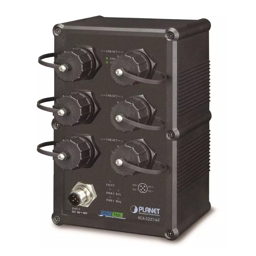 Obrázek produktu Planet IGS-5227-6T vodotěsný průmyslový L3 switch, 6x1Gb, 9-48VDC, -40~75°C, IP67, EN50155