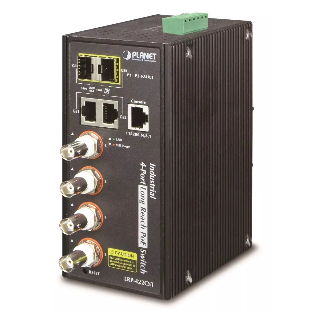 Obrázek produktu Planet LRP-422CST, průmysl.COAX PoE switch, 4x 100Base-TX, 2x SFP/TP, IEEE802.3at,Web/SNMPv3, -40~75°C,IP30