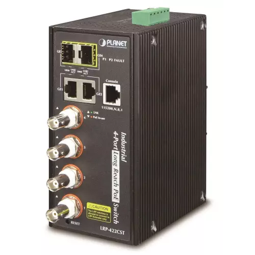 obrázek produktu Planet LRP-422CST, průmysl.COAX PoE switch, 4x 100Base-TX, 2x SFP/TP, IEEE802.3at,Web/SNMPv3, -40~75°C,IP30