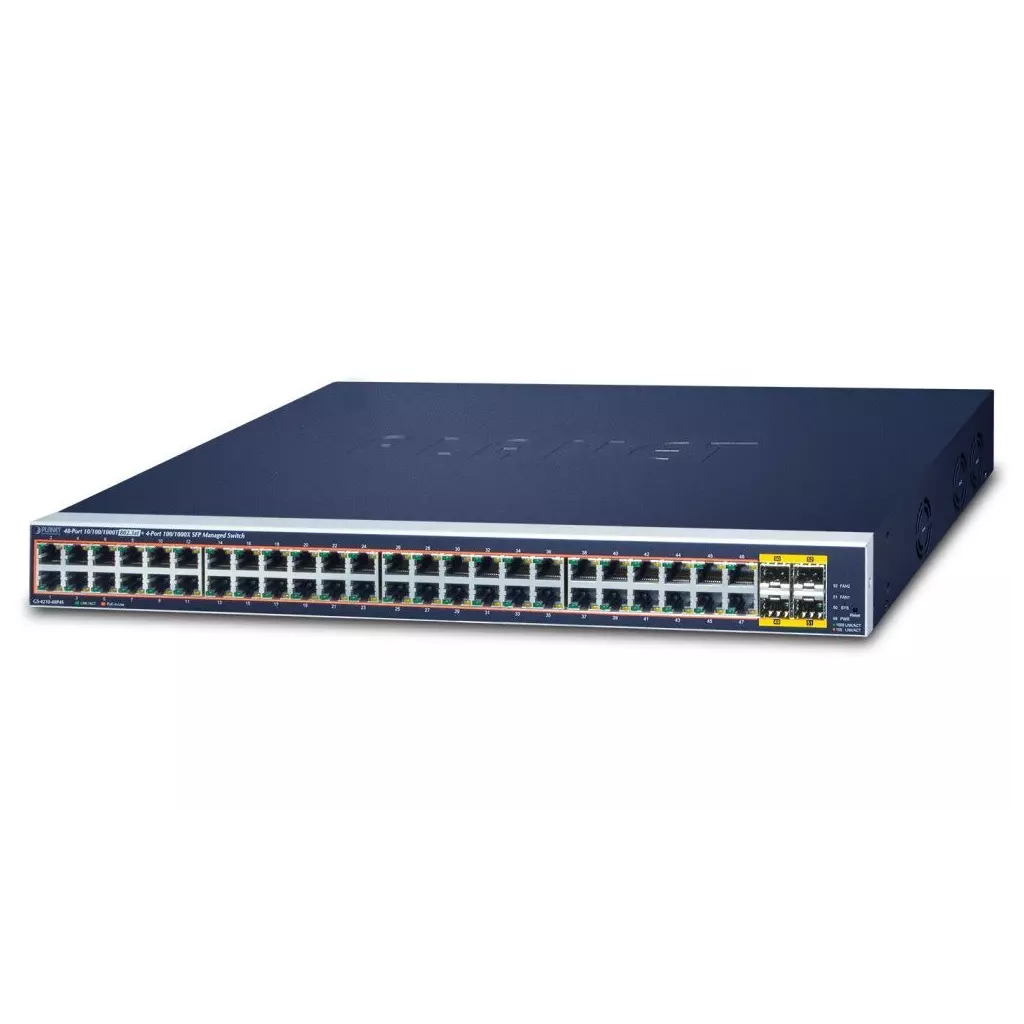 Obrázek produktu Planet GS-4210-48P4S PoE switch L2/L4, 48x 1000Base-T, 4x SFP, Web/SNMPv3, extend 10Mb/s, 802.3at 400W