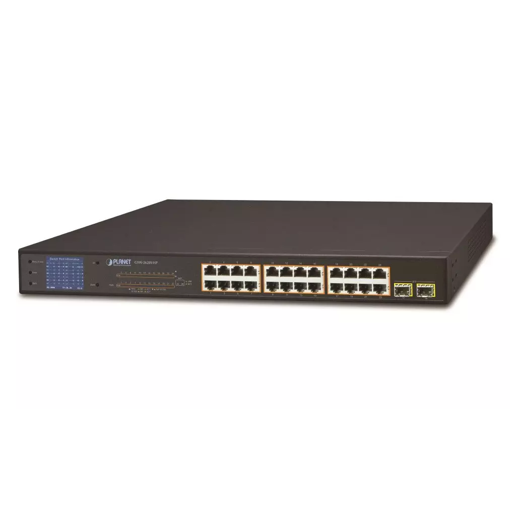 Obrázek produktu Planet GSW-2620VHP PoE switch, 24x1Gb + 2xSFP 1Gb, LCD, VLAN, extend mód 10Mb-250m, 802.3at, 802.3az, 300W PoE Budget