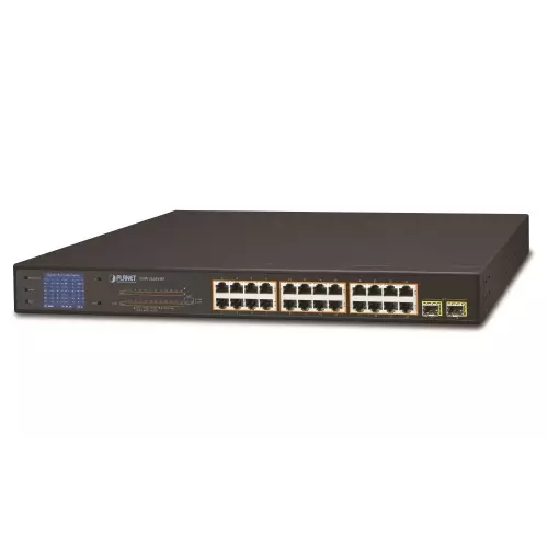 obrázek produktu Planet GSW-2620VHP PoE switch, 24x1Gb + 2xSFP 1Gb, LCD, VLAN, extend mód 10Mb-250m, 802.3at, 802.3az, 300W PoE Budget