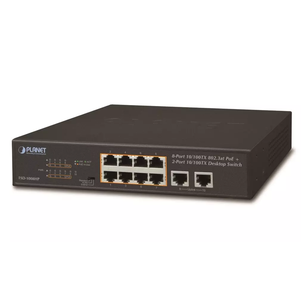 Obrázek produktu Planet FSD-1008HP PoE switch 10x 100Mb, 8xPoE 802.3at 30W/120W, VLAN, extend mód 10Mb/s do 250m, fanless