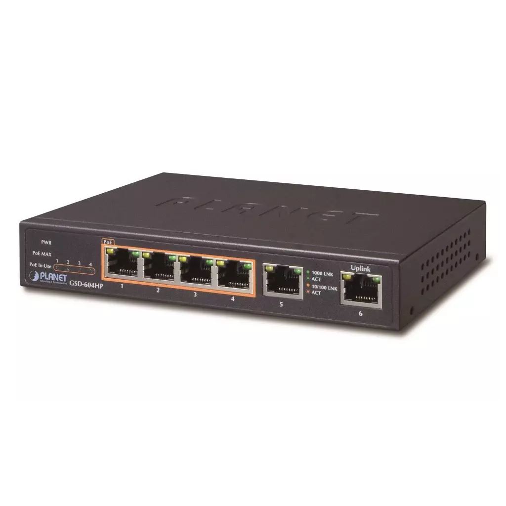 Obrázek produktu Planet GSD-604HP PoE switch 1Gbps, 6xTP, 4xPoE 802.3at/af 30W/55W, fanless
