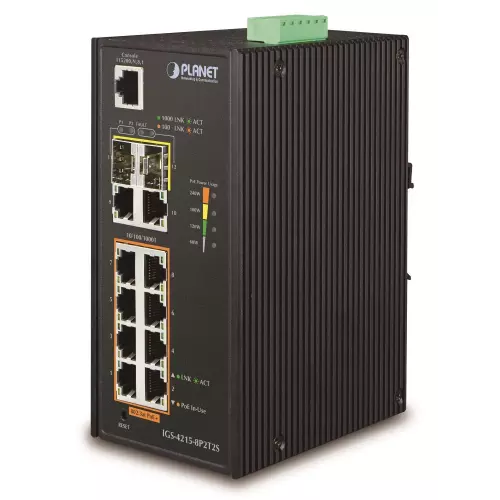obrázek produktu Planet IGS-4215-8P2T2S průmyslový L2 switch, 10x 1Gb, 2x1Gb SFP, 8x PoE 802.3at 240W, 48~54VDC, IP30