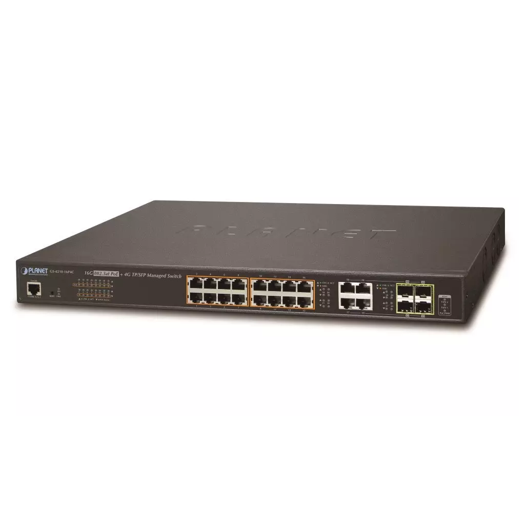 Obrázek produktu Planet GS-4210-16P4C L2 switch, 20x1Gb, 4x1Gb SFP, 16x PoE 802.3at 220W