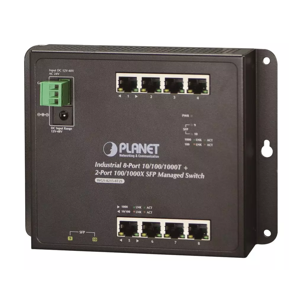 Obrázek produktu Planet WGS-4215-8T2S plochý L4 switch, 8x1Gb, 2x1Gb SFP, 12-48VDC/24VAC, -40~75°C, IP30, fanless