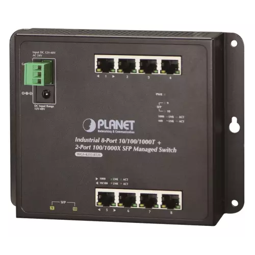 obrázek produktu Planet WGS-4215-8T2S plochý L4 switch, 8x1Gb, 2x1Gb SFP, 12-48VDC/24VAC, -40~75°C, IP30, fanless