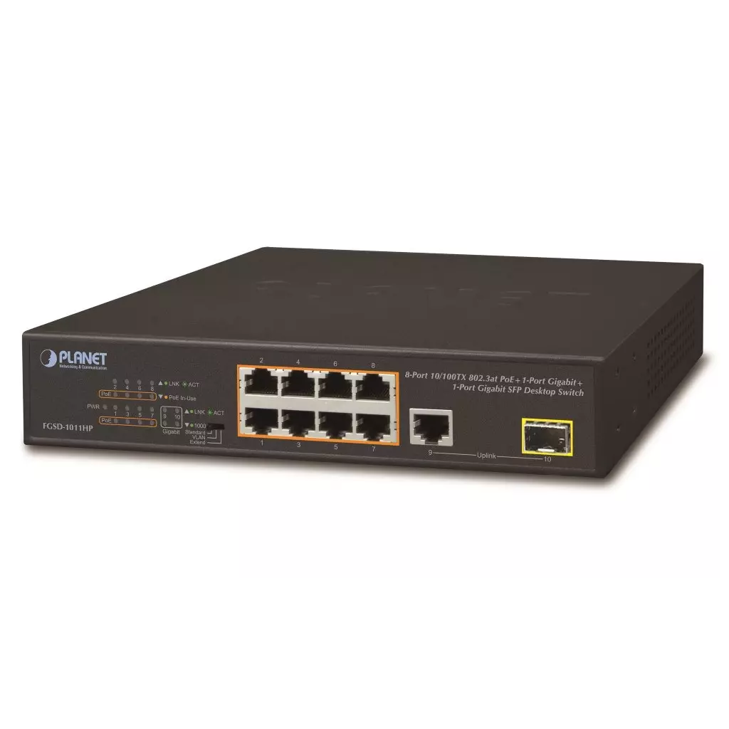 Obrázek produktu Planet FGSD-1011HP PoE switch, 8x 10/100 PoE, 1x TP + 1x SFP 1000Base-X, extend mód 10Mb, ESD, 802.3at 120W, fanless