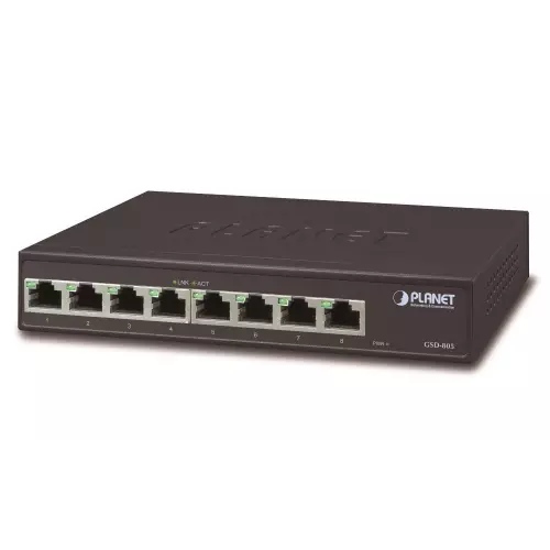 obrázek produktu Planet GSD-805v2 switch 10/100/1000 (8x 1000Base-T), VLAN, IEEE 802.3az, ESD+EFT, internal pwr, fanless