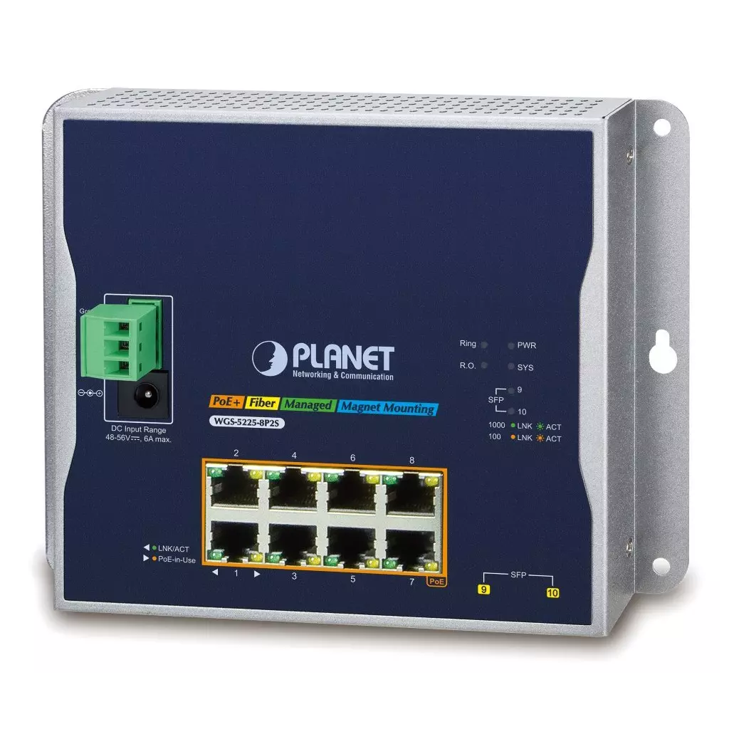 Obrázek produktu Planet WGS-5225-8P2S plochý L3 switch, 8x1Gb, 2x2.5Gb SFP, 8x PoE 802.3at 240W, 48-56VDC, -40~75°C, IP30, fanless