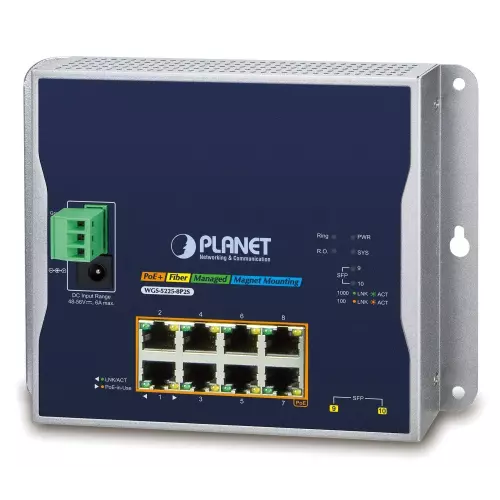 obrázek produktu Planet WGS-5225-8P2S plochý L3 switch, 8x1Gb, 2x2.5Gb SFP, 8x PoE 802.3at 240W, 48-56VDC, -40~75°C, IP30, fanless