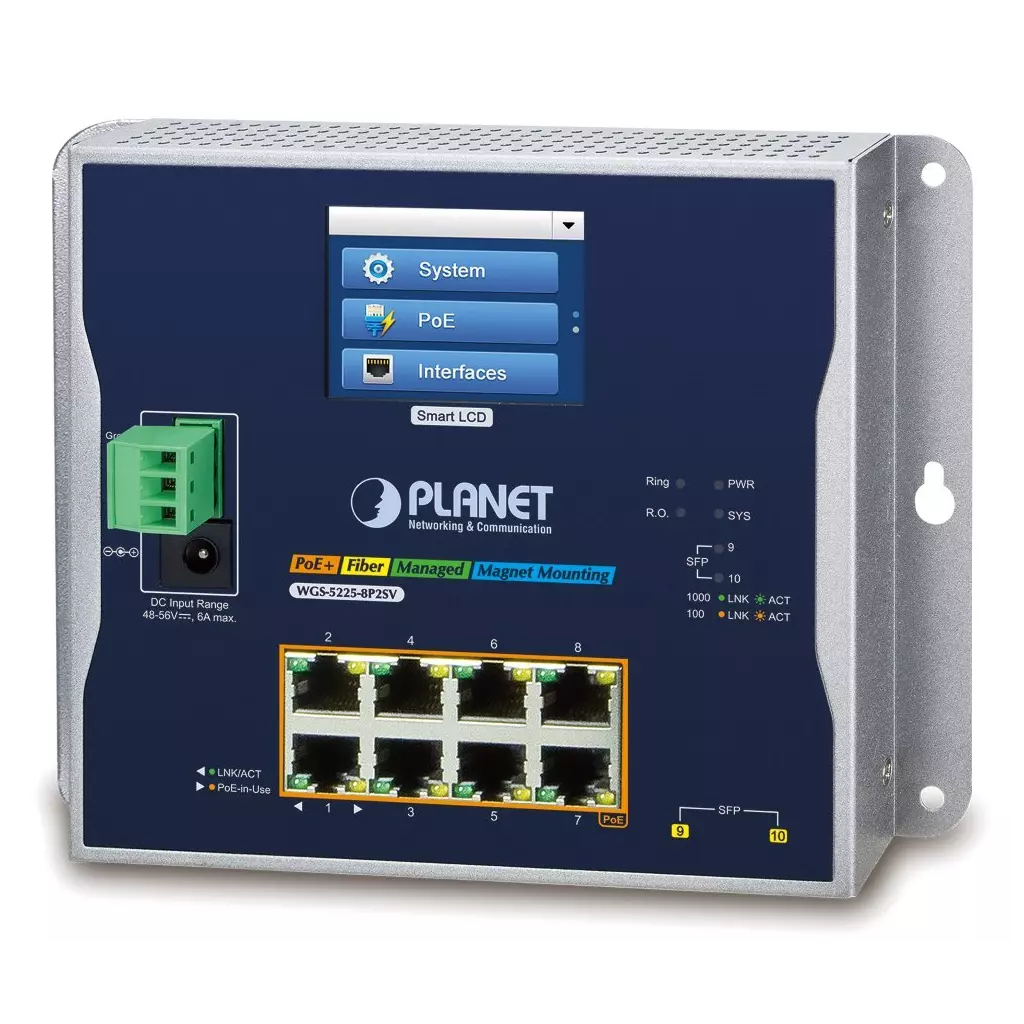Obrázek produktu Planet WGS-5225-8P2SV plochý L3 switch, 8x1Gb, 2x2.5Gb SFP, PoE 30/240W, 48-56VDC, -20~70°C, IP30, fanless, touch LCD