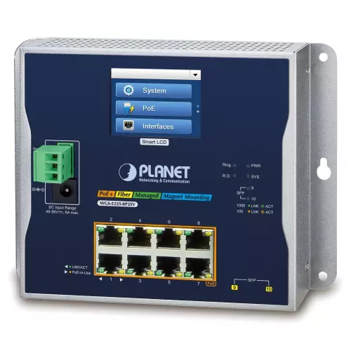 obrázek produktu Planet WGS-5225-8P2SV plochý L3 switch, 8x1Gb, 2x2.5Gb SFP, PoE 30/240W, 48-56VDC, -20~70°C, IP30, fanless, touch LCD