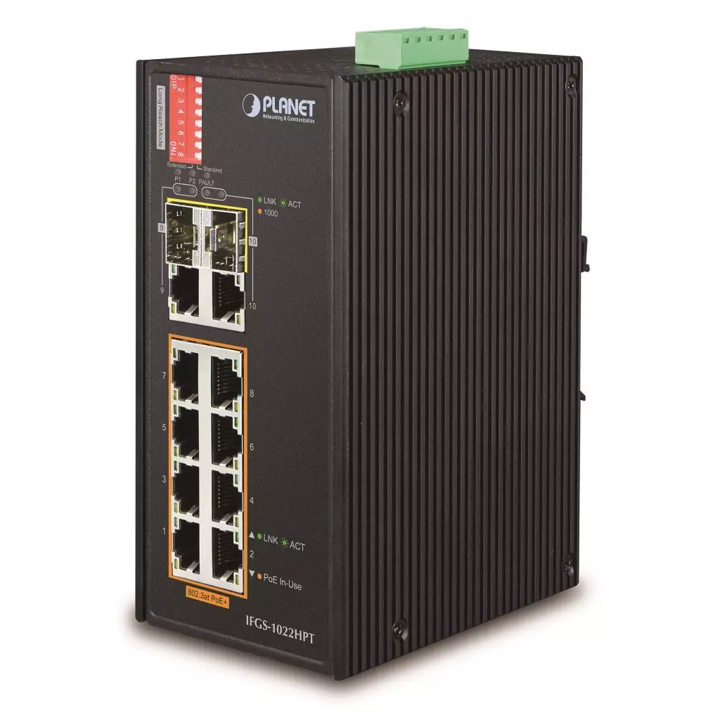 Obrázek produktu Planet IFGS-1022HPT průmyslový PoE switch, 8x100Mb + 2x1Gb/SFP, PoE 802.3at 30/240W, -40až75°C, dual 48-54VDC, IP30