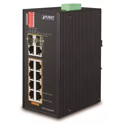 obrázek produktu Planet IFGS-1022HPT průmyslový PoE switch, 8x100Mb + 2x1Gb/SFP, PoE 802.3at 30/240W, -40až75°C, dual 48-54VDC, IP30