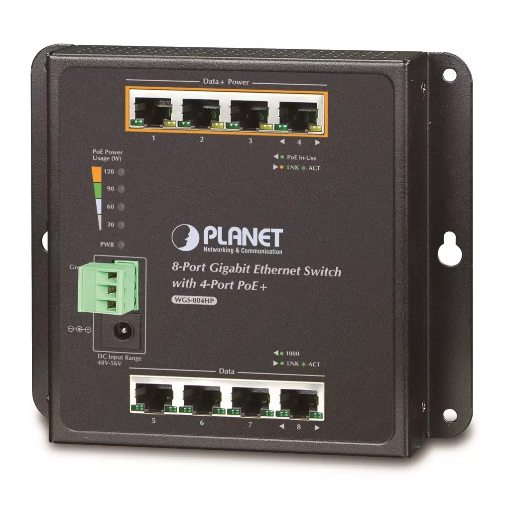 Obrázek produktu Planet průmyslový plochý switch 8x 1Gb, 4xPoE 30/120W, dual 48-56VDC, IP30, -40/75st, fanless