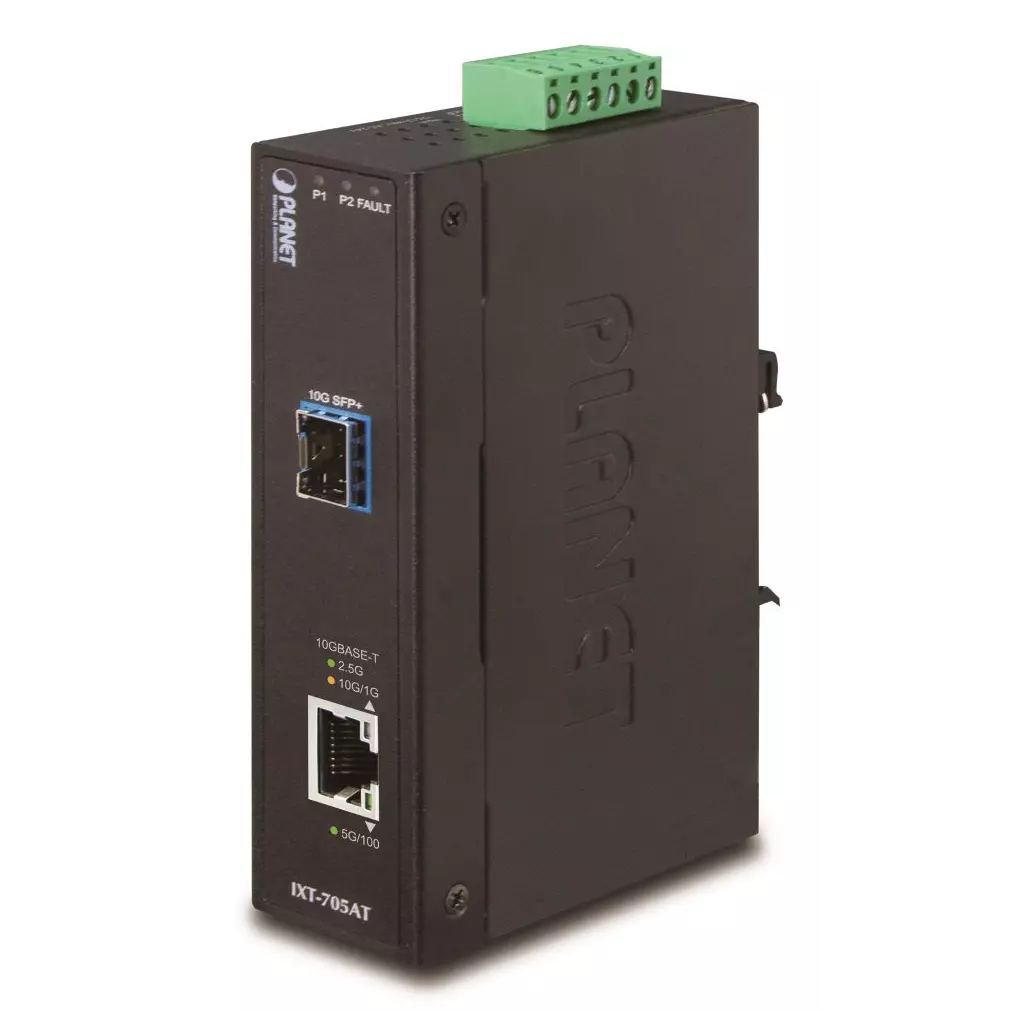 Obrázek produktu Planet IXT-705A průmyslový konvertor 10G/5G/2.5G/1G/100M / miniGBIC SFP+ 10GBASE-X, IP30, -40 až +75°C, dual power