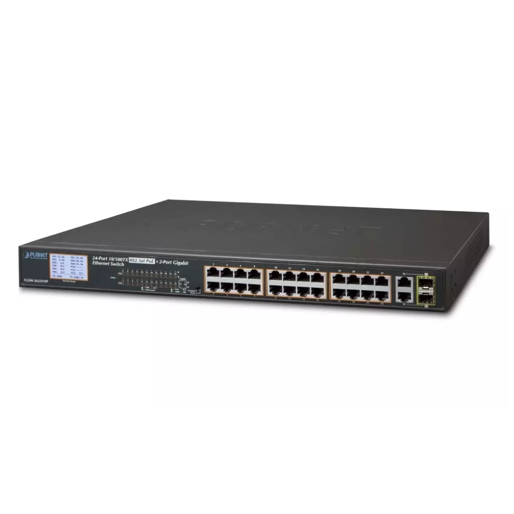 Obrázek produktu Planet FGSW-2622VHP PoE switch, 24x100Mb + 2x1Gb/SFP, LCD, VLAN, PoE 802.3at 30/300W