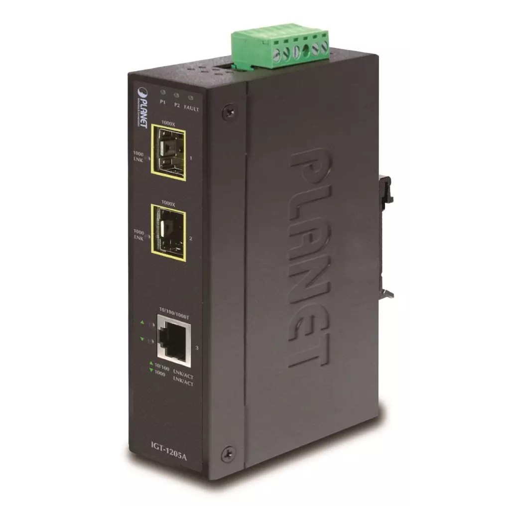Obrázek produktu Planet IGT-1205AT, konvertor 1x 1000Base-T, 2x SFP 100/1000Base-X, -40 až +75C, EFT+ESD