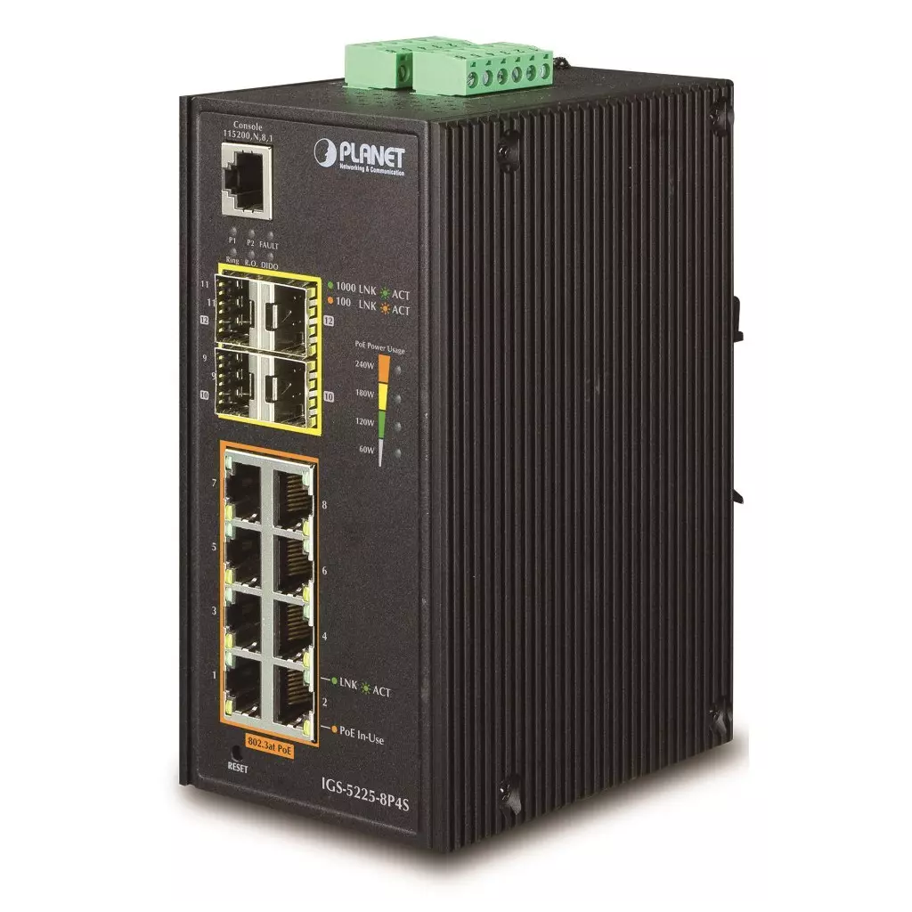 Obrázek produktu Planet IGS-5225-8P4S průmyslový L3 switch, 8x1Gb, 4x1Gb SFP, 8x PoE 802.3at 240W, dual 48-54VDC, -40~75°C, IP30