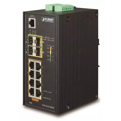 obrázek produktu Planet IGS-5225-8P4S průmyslový L3 switch, 8x1Gb, 4x1Gb SFP, 8x PoE 802.3at 240W, dual 48-54VDC, -40~75°C, IP30