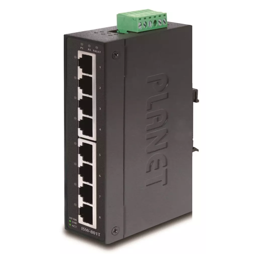 Obrázek produktu Planet ISW-801T, 8x 10/100, DIN,IP30, rozšířený teplotní rozsah -40~75°C,  IEEE 802.3az (EEE), EFT+ESD