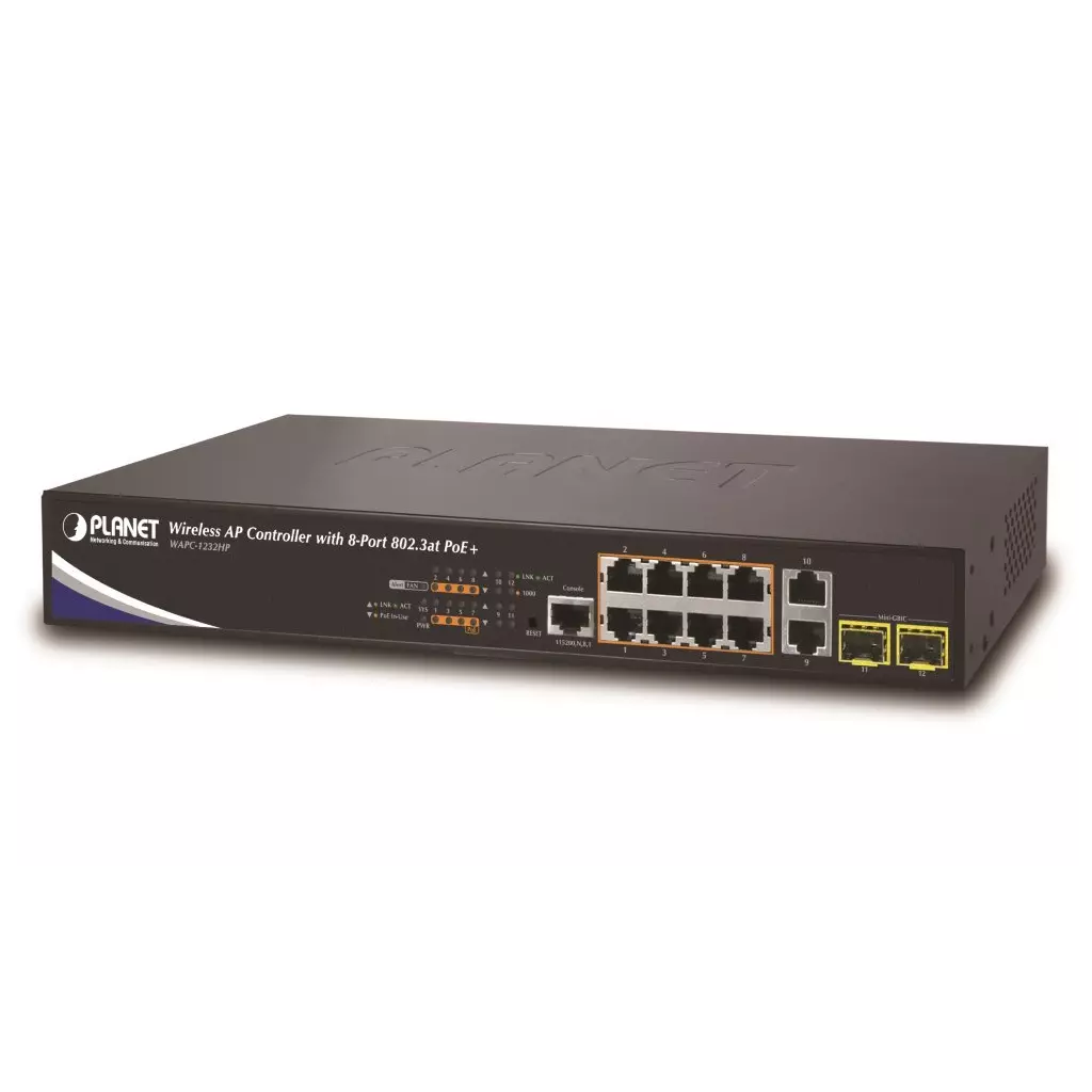 Obrázek produktu Planet WAPC-1232HP, WLAN kontrolér pro 32x AP, 10x LAN/8x POE, 2x SFP, Web/SNMP, L2/L3, VLAN, ACL, IGMP