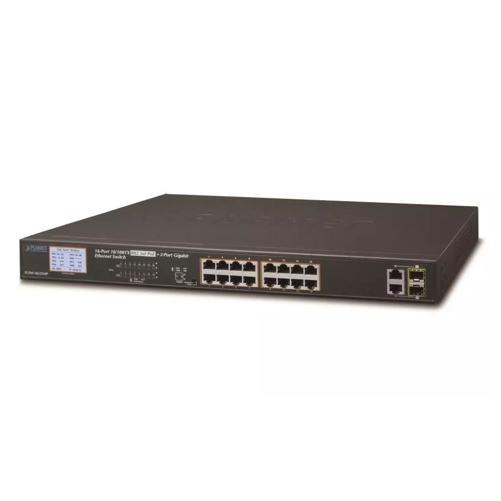 Obrázek produktu Planet FGSW-1822VHP PoE switch, 16x100,2x1000-TP/SFP, LCD, VLAN, IEEE 802.3at<300W