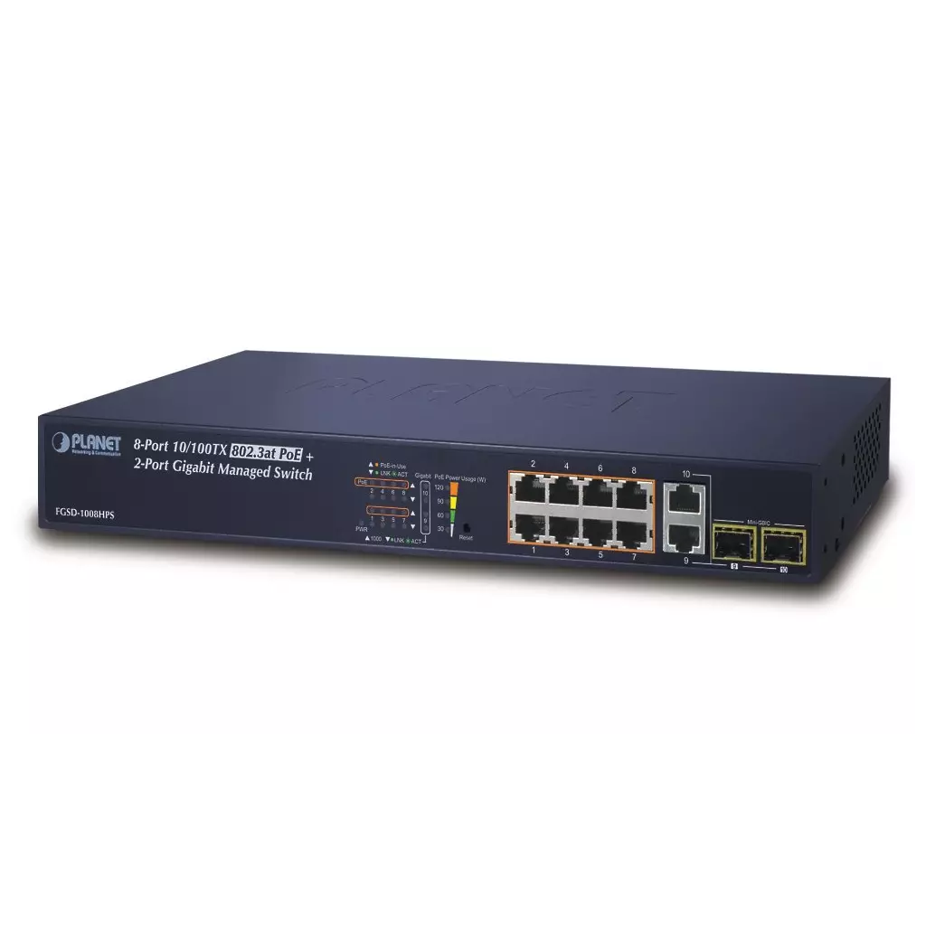 Obrázek produktu Planet FGSD-1008HPS L2 switch, 8x100Mb, 2x1Gb SFP, 8x PoE 802.3at 125W