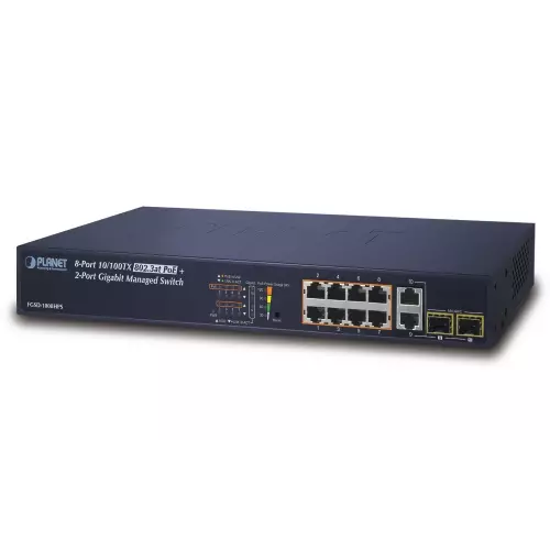 obrázek produktu Planet FGSD-1008HPS L2 switch, 8x100Mb, 2x1Gb SFP, 8x PoE 802.3at 125W