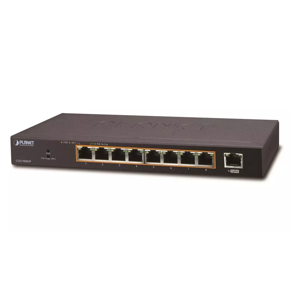 Obrázek produktu Planet PoE switch 1Gbps, 9xTP, 8xPoE 802.3at 30W/120W, fanless
