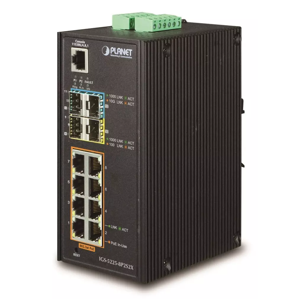 Obrázek produktu Planet IGS-5225-8P2S2X průmyslový L3 switch, 8x1Gb, 2x2.5Gb SFP, 2x10Gb SFP+, 8x PoE 802.3at 240W,dual 48-56VDC,-40~75°C