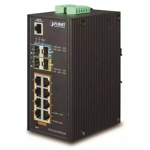 obrázek produktu Planet IGS-5225-8P2S2X průmyslový L3 switch, 8x1Gb, 2x2.5Gb SFP, 2x10Gb SFP+, 8x PoE 802.3at 240W,dual 48-56VDC,-40~75°C