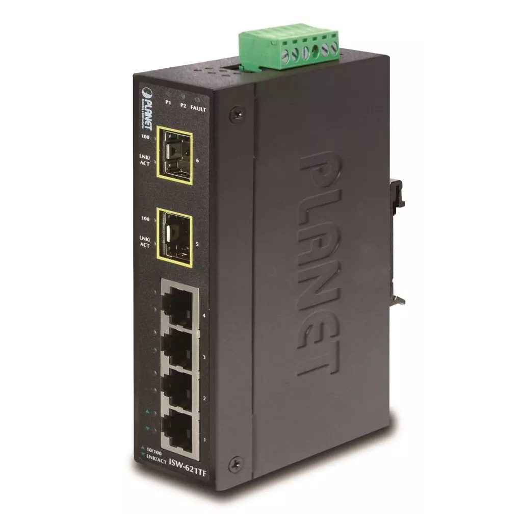 Obrázek produktu Planet ISW-621TF, 4x 10/100Base-TX+ 2x 100FX SFP, DIN, IP30, -40 až 75 st.C