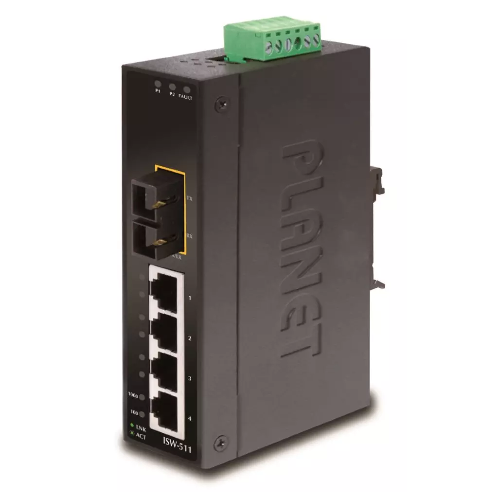 Obrázek produktu Planet ISW-511, 4x 10/100Base-TX+ 1x 100FX 2km, MM, DIN, IP30
